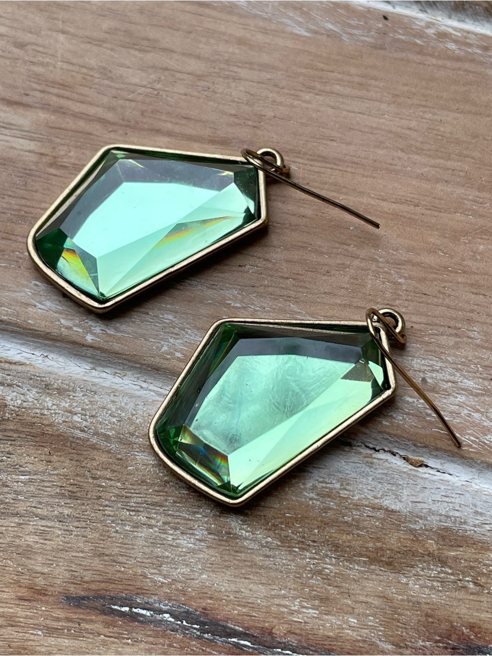 Gold-Trim Green / Aqua Crystal Faceted Glass Drop Earrings - Womens Jewelry - Picture 6 of 6